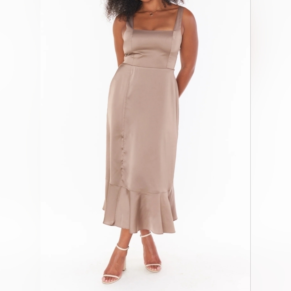 Show Me Your Mumu Women's Claire Midi Dress in Dune Luxe Satin, Size XS
